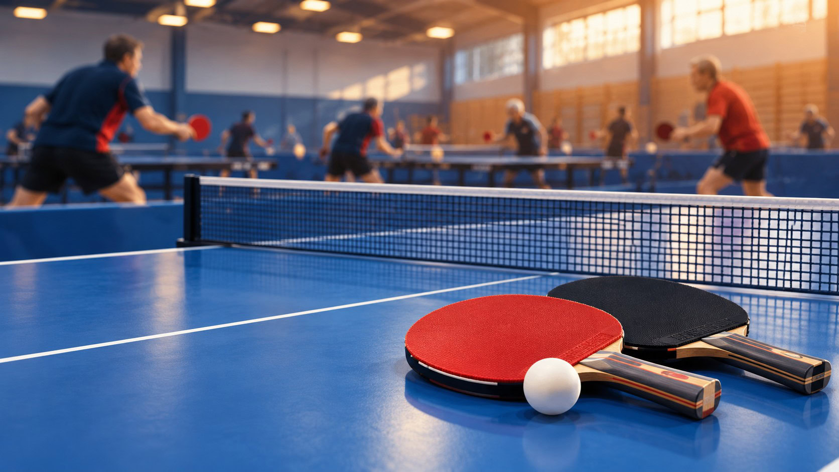Illustration af to bordtennisbat og en hvid bold på et blåt bord med spillere i hallen i baggrunden.
